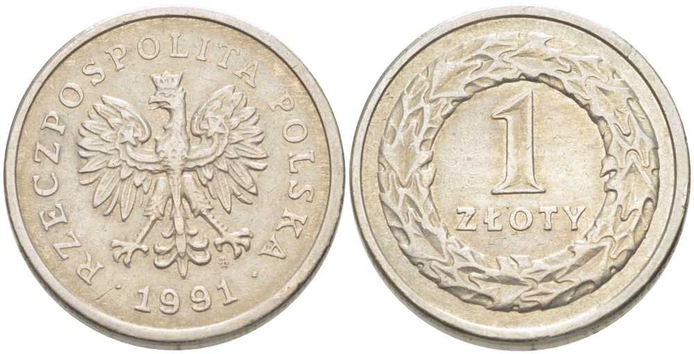 ПОЛЬША 1 ЗЛОТЫЙ 1991 MW KM 282 медно-никель 34-1125