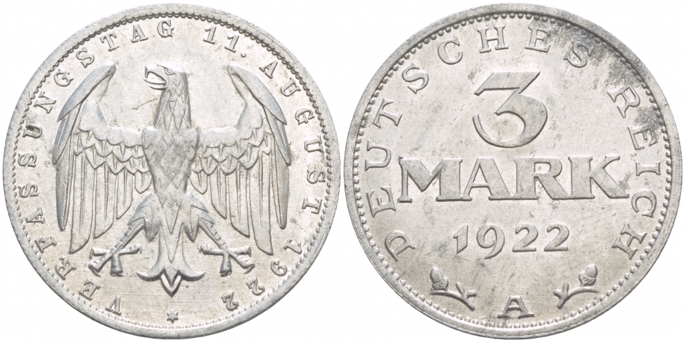 Германия 3 марки 1922 A, третья годовщина Веймарской Конституции KM 29, J. 303 алюминий UNC 4536-1244