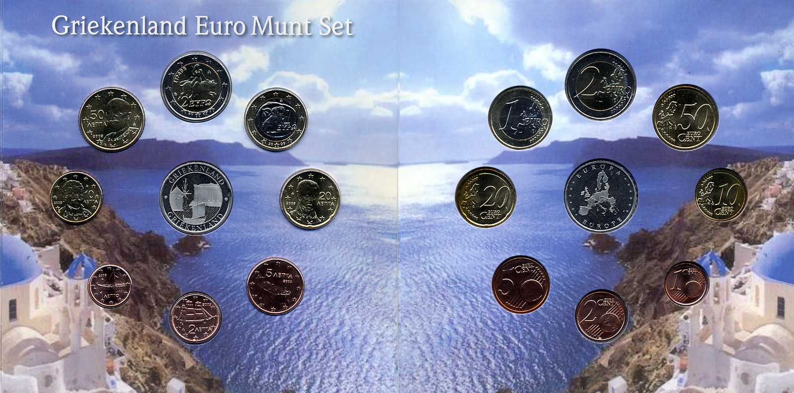Греция набор из 8 евромонет + жетон 2009 в красочном буклете  биметалл  UNC 1-6-1-02