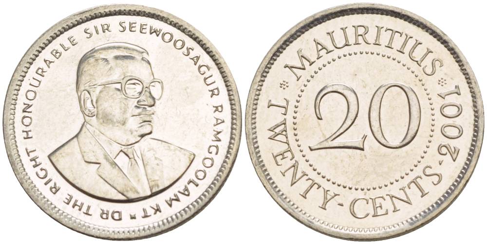 Маврикий 20 центов 2001 Сивусагур Рамгулам KM 53 сталь плакированная никелем 4544-255