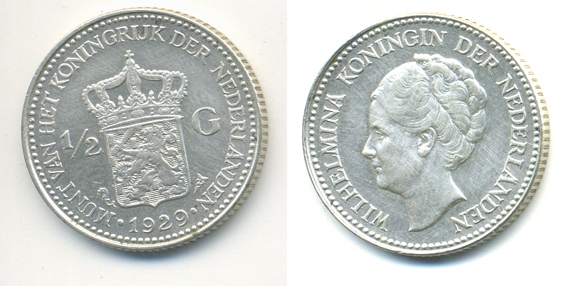 Нидерланды 1/2 гульдена 1929 Вильгельмина I (1890-1948) KM 160 серебро 83-831