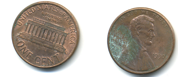 США 1 ЦЕНТ 1990 ЛИНКОЛЬН KM 201b цинк плакированный медью 86-249