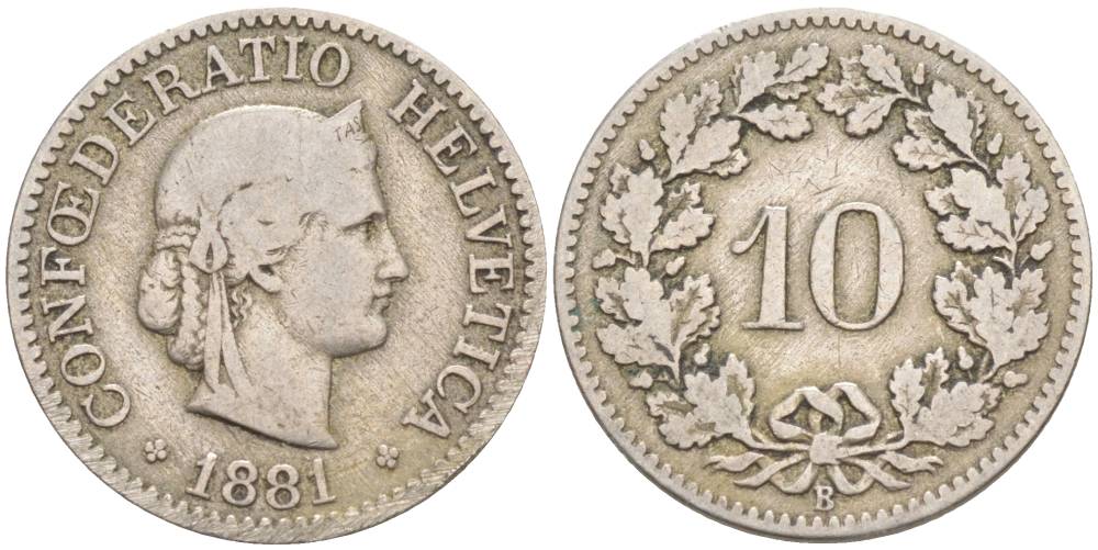 Швейцария 10 раппенов 1881 В KM 27 медно-никель 4181-938