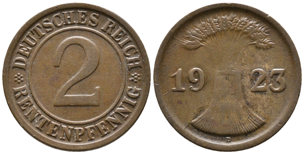 ГЕРМАНИЯ 2 РЕНТЕНПФЕННИГА 1923 D KM 31, J. 307 бронза 24-421