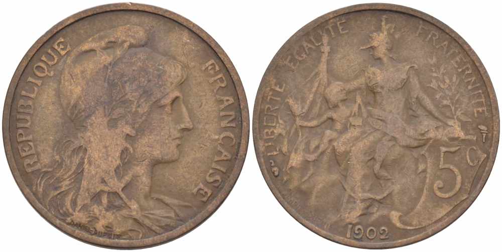 ФРАНЦИЯ 5 САНТИМОВ 1902 ТИП ДАНИЭЛЬ ДЮПЮИ KM 842, LE FRANC 119.12 бронза 108-834