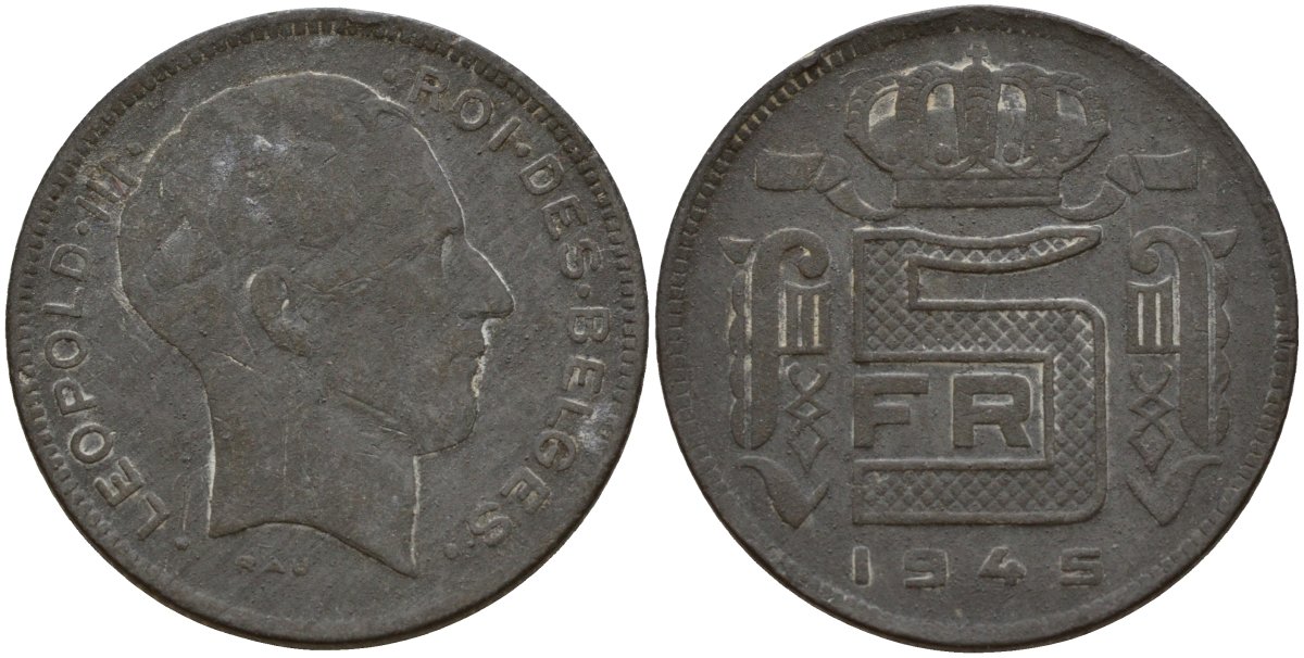 Бельгия 5 франков 1945 DES BELGES, Леопольд III (1934-1947) KM 130 цинк 4161-946