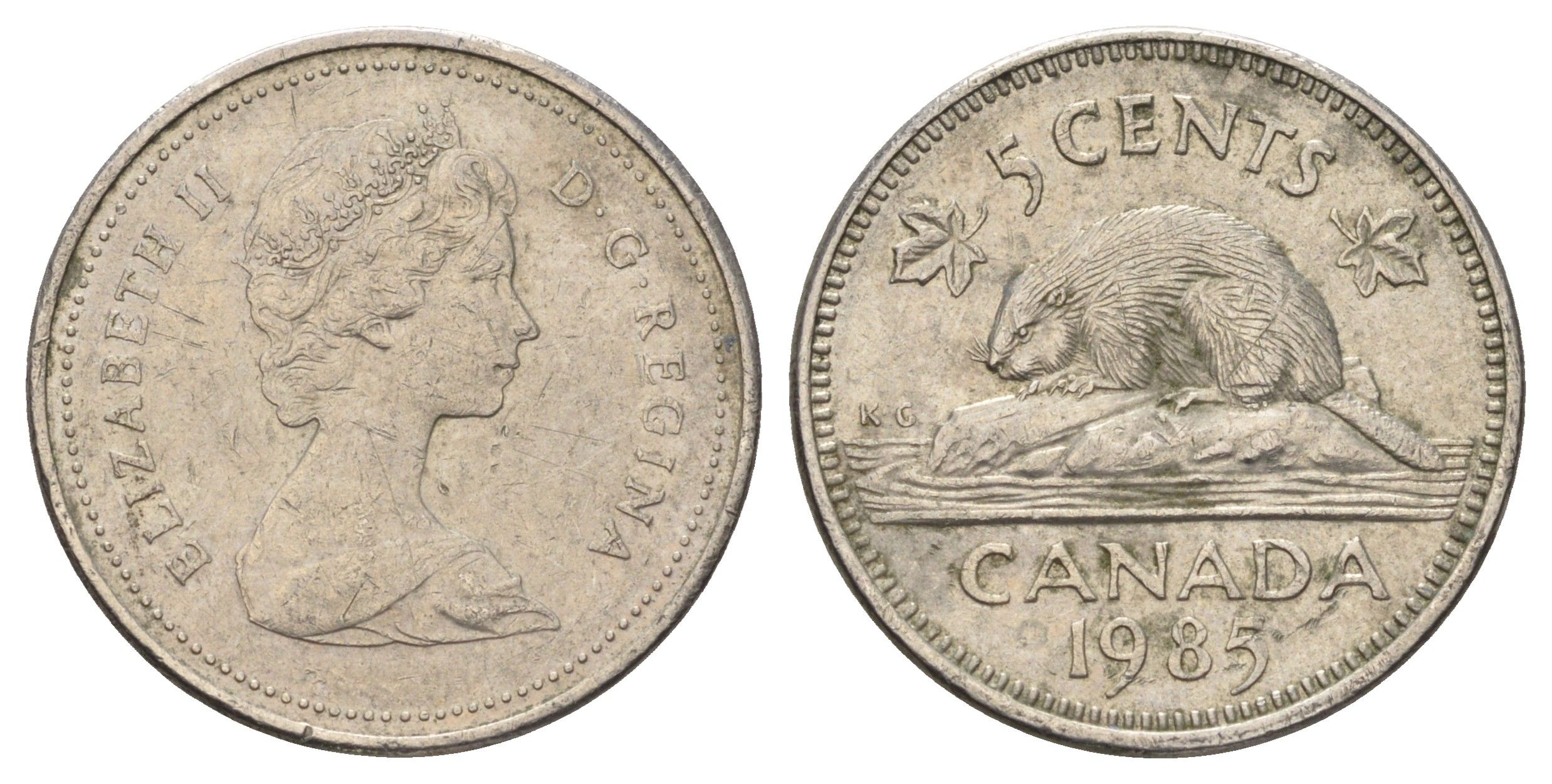 Канада 5 центов 1985 Елизавета II (1952-2022), бобр KM 60.2a медно-никель 4689-427