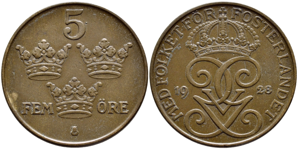 Швеция 5 эре 1928 Густав V (1907-1950) KM 779.2 бронза 4394-916