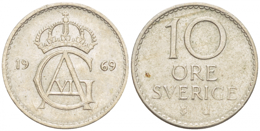 Швеция 10 эре 1969 U Густав VI Адольф (1950-1973) KM 835 медно-никель 211-1258