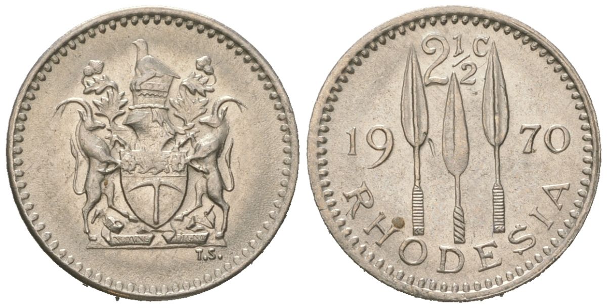 Родезия 2 1/2 цента 1970 Елизавета II (1952-2022) KM 11 медно-никель UNC 4617-141