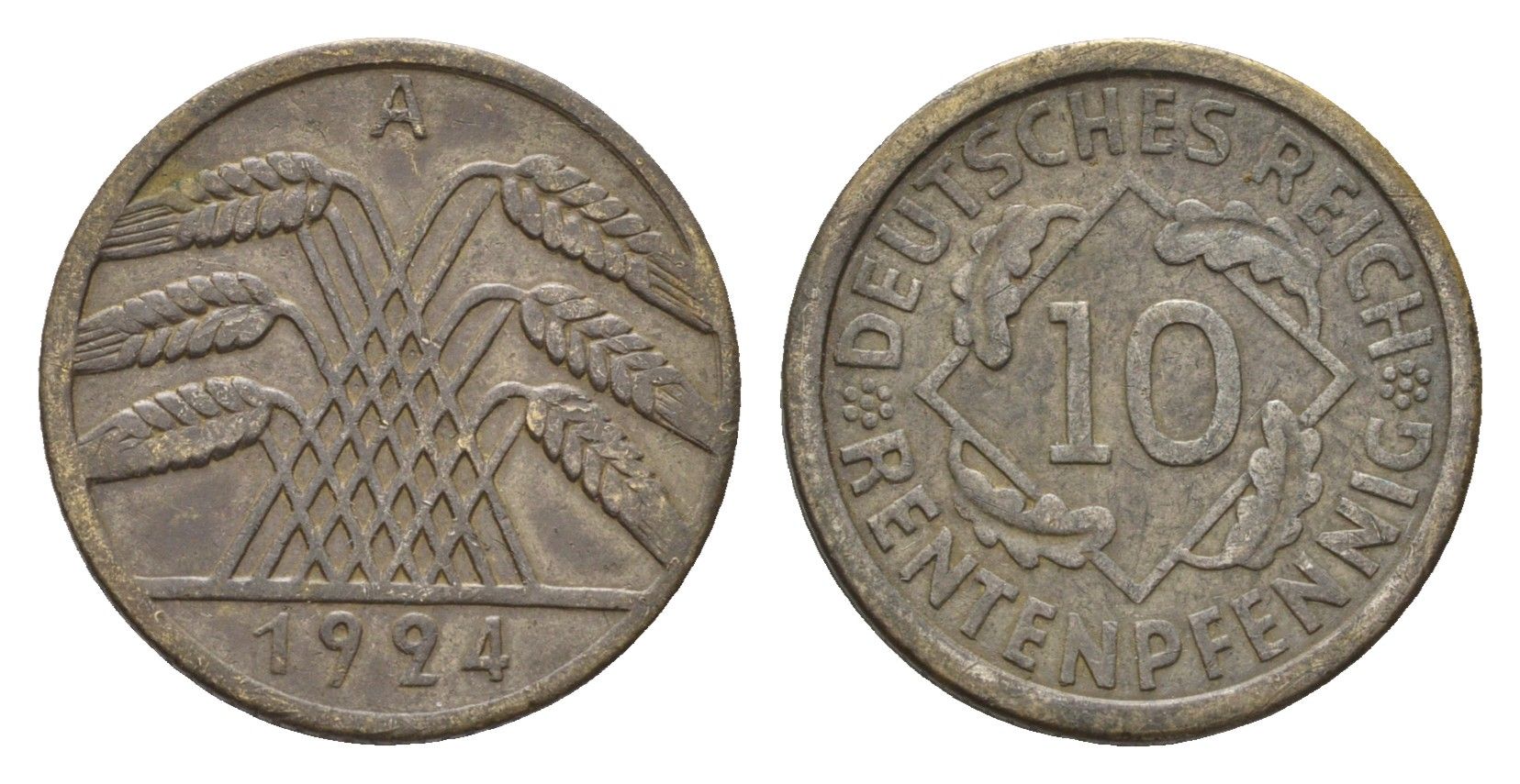 Германия 10 рентенпфеннигов 1924 A KM 33, J. 309 алюминиевая бронза 4684-1125