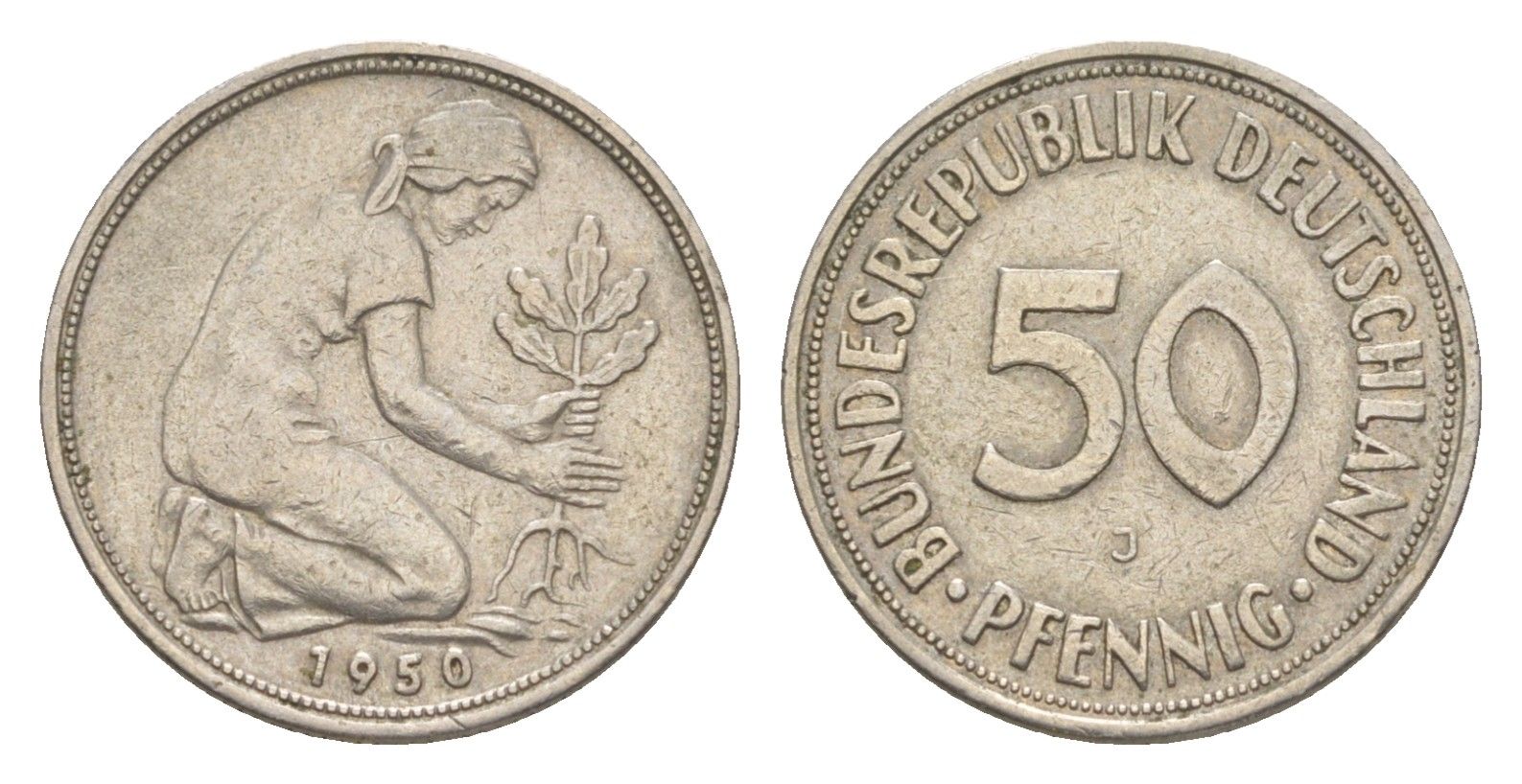 ФРГ 50 пфеннигов 1950 J KM 109.1, J. 384 медно-никель 4636-839