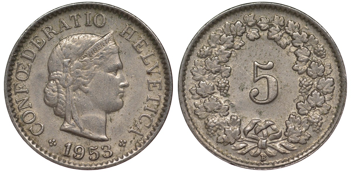 Швейцария 5 раппенов 1953 в KM 26 медно-никель 4124-532