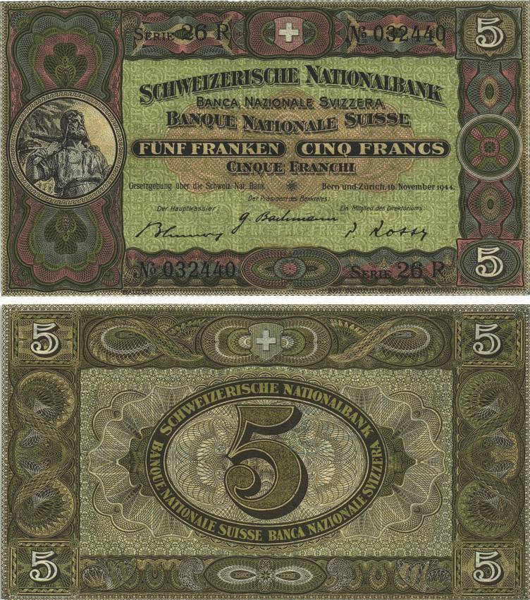 Швейцария 5 франков 1944 16 ноября 1944, серия 26 R Pick 11 k бумага 8606-10-2-2