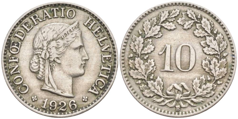 ШВЕЙЦАРИЯ 10 РАППЕНОВ 1926 В KM 27 медно-никель 3309-411