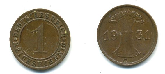 ГЕРМАНИЯ 1 РЕЙХСПФЕННИГ 1931 G KM 37, J. 313 бронза 46-1018