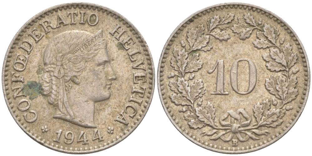 ШВЕЙЦАРИЯ 10 РАППЕНОВ 1944 В KM 27 медно-никель 201-543