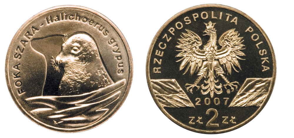 Польша 2 злотых 2007 MW, серия всемирная природа, длинномордый тюлень KM 578 латунь UNC M19-6