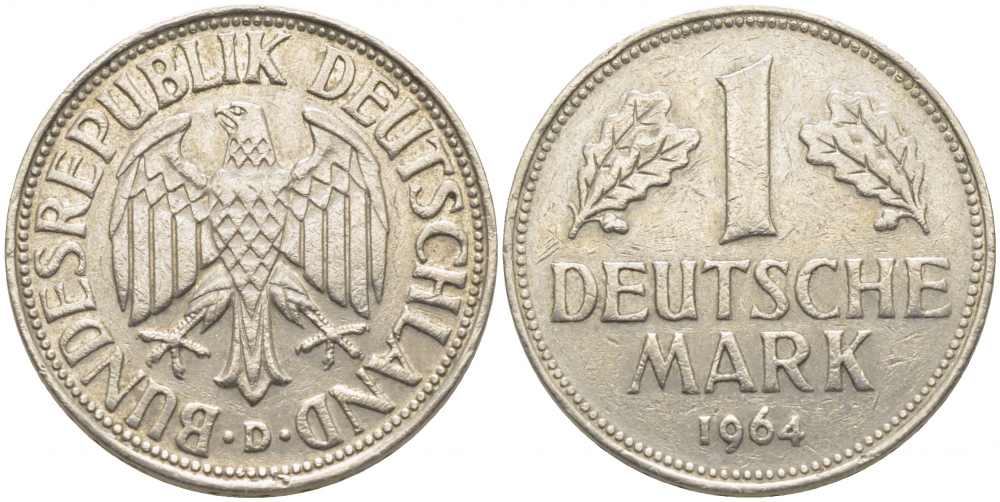 ФРГ 1 МАРКА 1964 D J.385, KM 110 медно-никель 3856-112