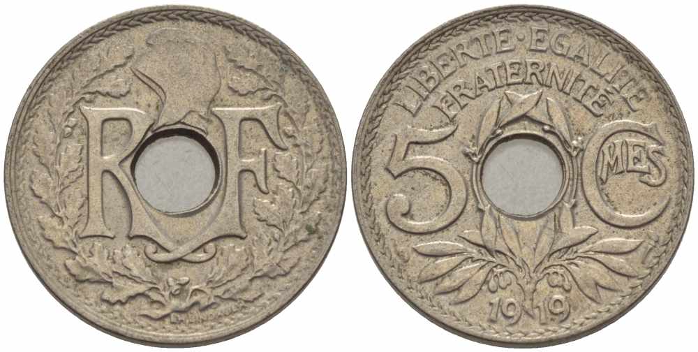 Франция 5 сантимов 1919 тип Линдайё KM 865, Le Franc 121.3 медно-никель 4379-251