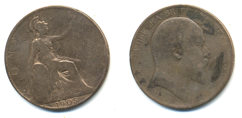 Великобритания 1 пенни 1905 Эдуард VII (1901-1910) KM 794.2, Spink 3990 бронза 83-534