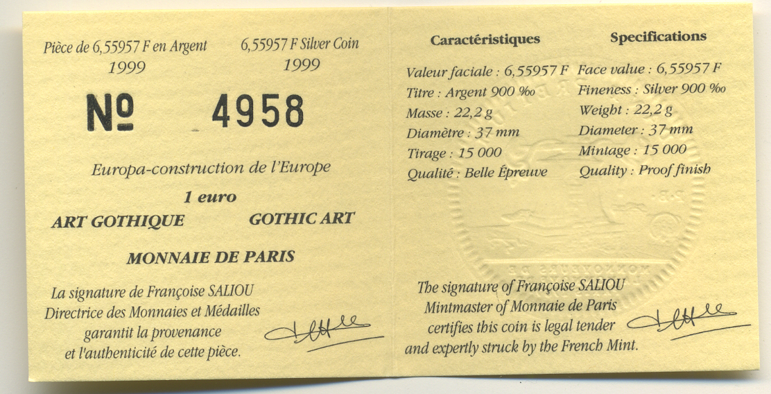 Франция 1 евро = 6,55957 франков 2000 готический стиль в архитектуре (XII-XVI веков) в коробке с сертификатом KM 1246 серебро PROOF 4-3-3-12