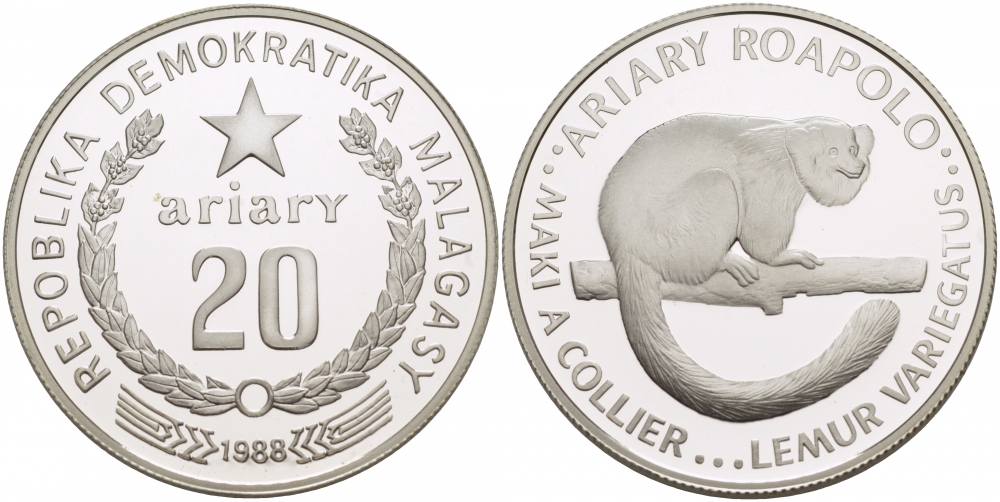 Мадагаскар 20 ариари 1988 серия 25 лет защиты окружающей среды KM 15 серебро PROOF 1068-6-23