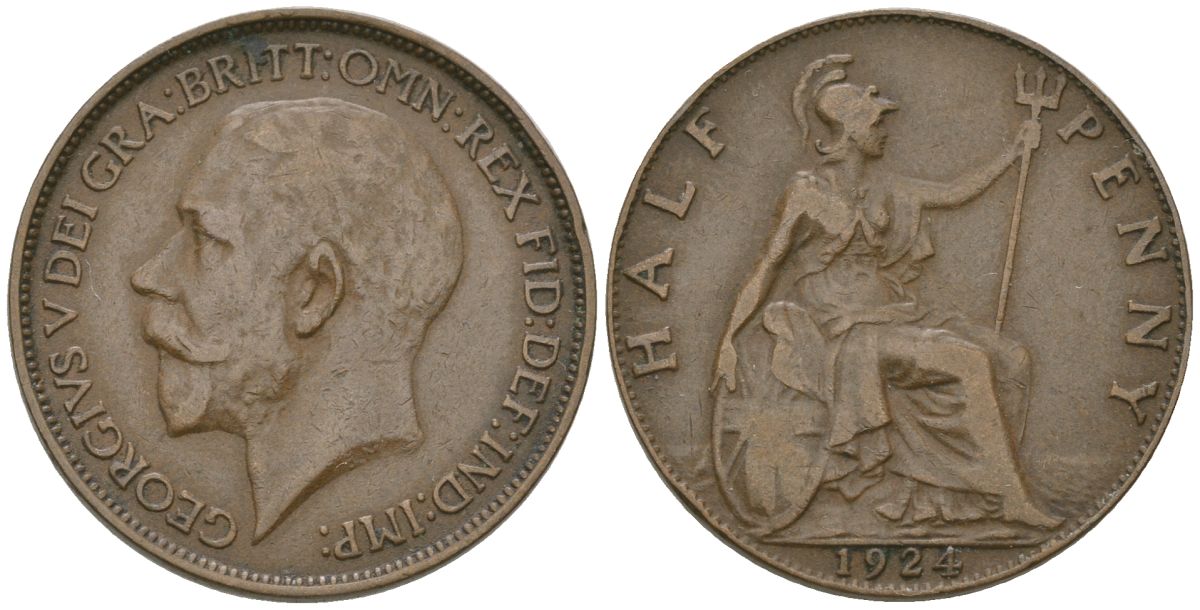 Великобритания 1/2 пенни 1924 Георг V (1910-1936) KM 809, Spink 4056 бронза 4163-1022
