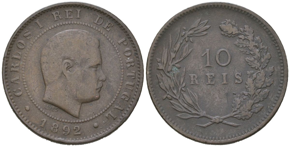 Португалия 10 реалов 1892 Карлуш I (1889-1908) KM 532 бронза 4171-1117