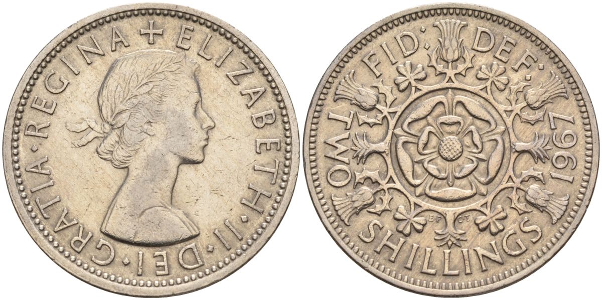 Великобритания 2 шиллинга (флорин) 1967 Елизавета II (1952-2022) KM 906, Spink 4146 медно-никель 4149-833