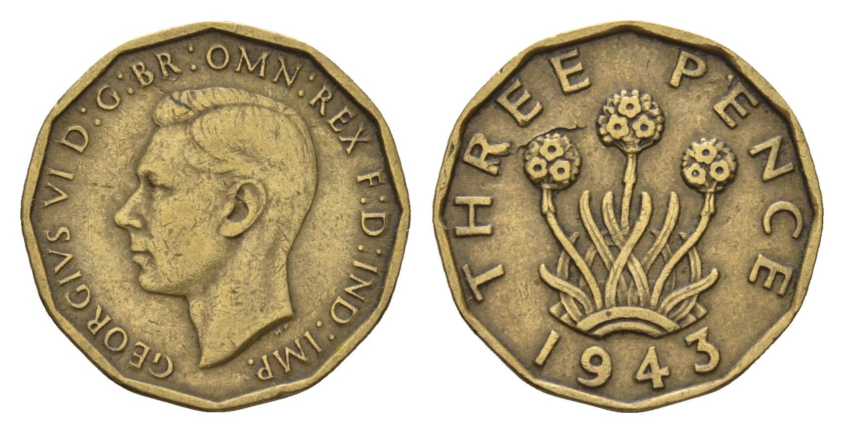Великобритания 3 пенса 1943 Георг VI (1936-1952) KM 849, Spink 4112 никель латунь 77-137