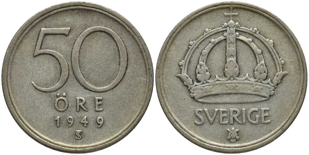 Швеция 50 эре 1949 TS, Густав V (1907-1950) KM 817 серебро 202-616