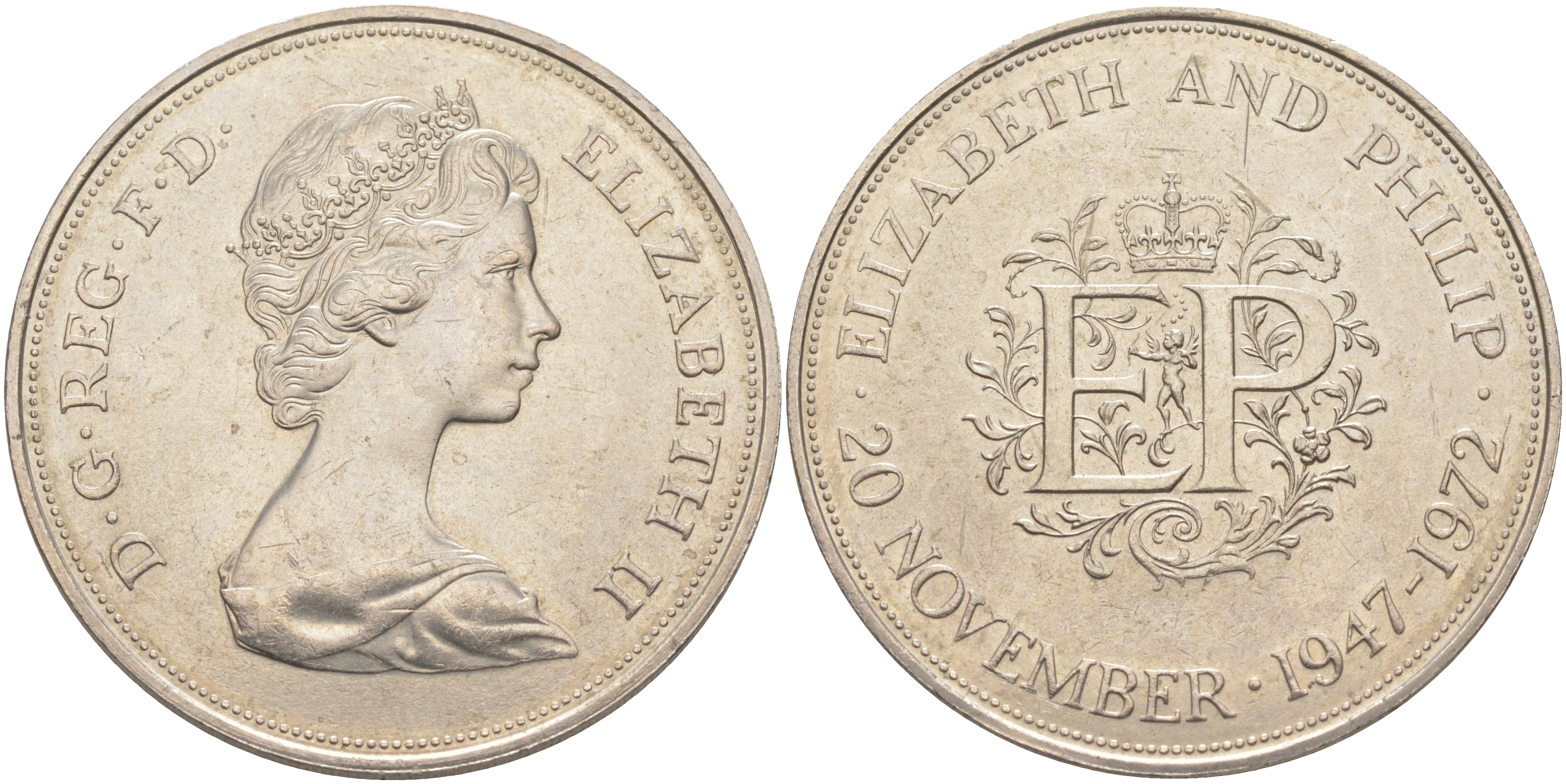 Великобритания 25 пенсов 1972 25 лет со дня свадьбы Елизавтеы II И Филлипа (1947-1972, серебрянная свадьба), Елизавета II (1952-2022) KM 917, Spink 4226 медно-никель 4552-533