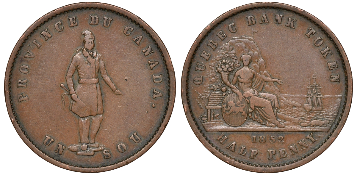 Канада 1/2 пенни = 1 су 1852 банк Квебека, Quebec Bank Token CCT PC-3, Breton His 529, KM Tn20 медь 1531-735