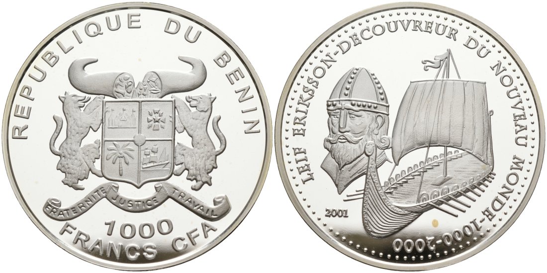 Бенин 1000 франков 2001 парусное судно "Лейф Эрикссон", тысячилетие открытия новых миров серебро PROOF 01-077-21