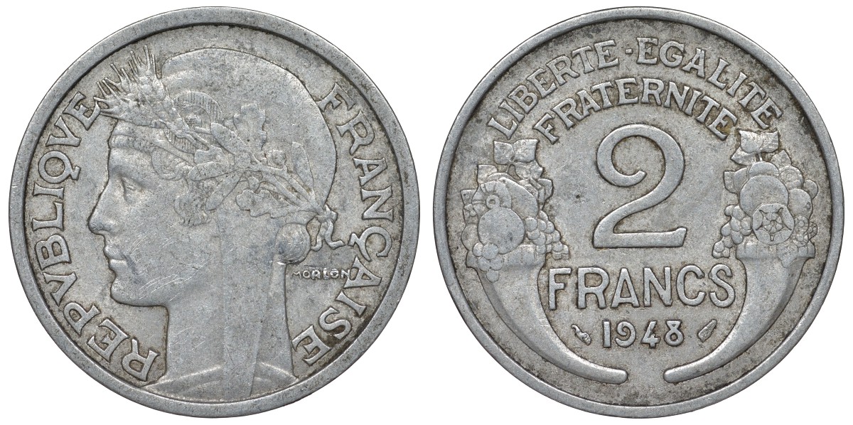 Франция 2 франка 1948 KM 886а.1, Le Franc 269.12 алюминий 4123-345