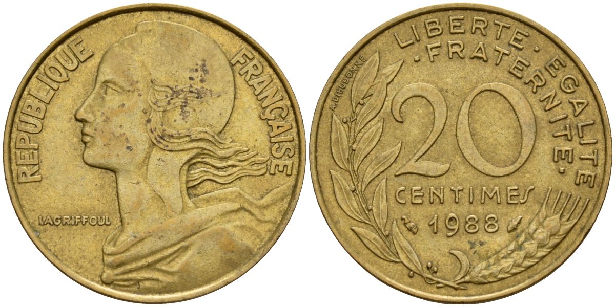 Франция 20 сантимов 1988 тип Marianne KM 930, Le Franc 156.28 медь алюминий никель 4126-636