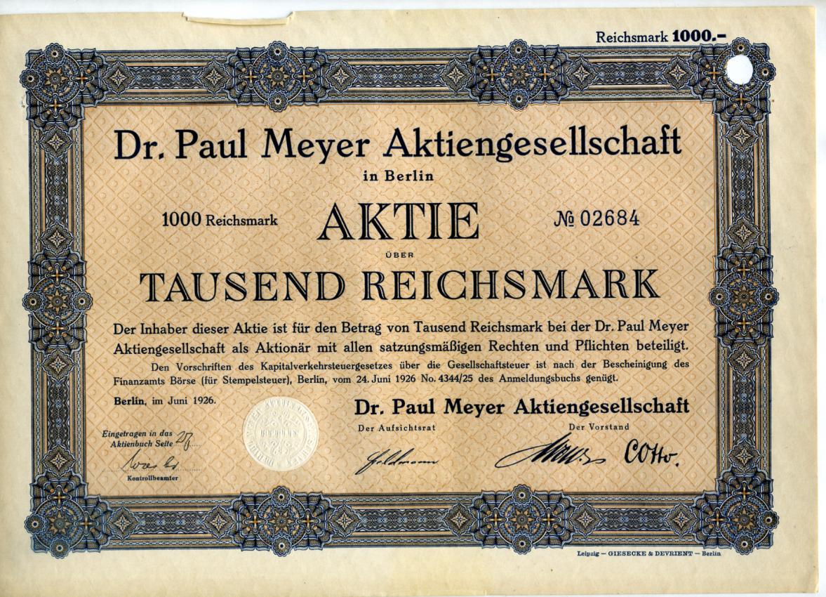 Германия акция в 1000 рейхсмарок 1926 Компания д-р Пауля Майера. Берлин. Dr. Paul Meyer Aktiengesellschaft. Berlin. Электротехника   бумага  aUNC 510-40-1