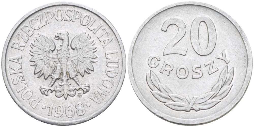 ПОЛЬША 20 ГРОШЕЙ 1968 MW KM А47 алюминий 201-454