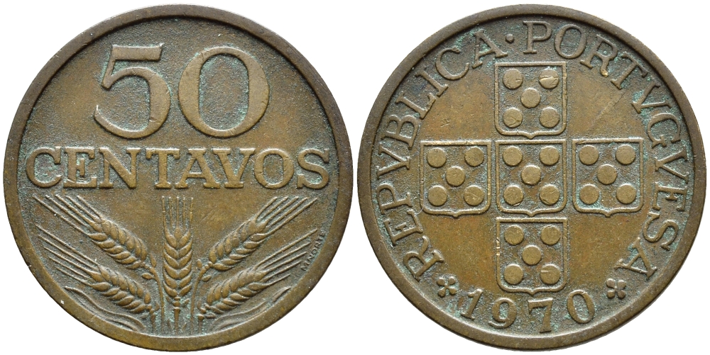Португалия 50 сентаво 1970 KM 596 бронза 4395-343