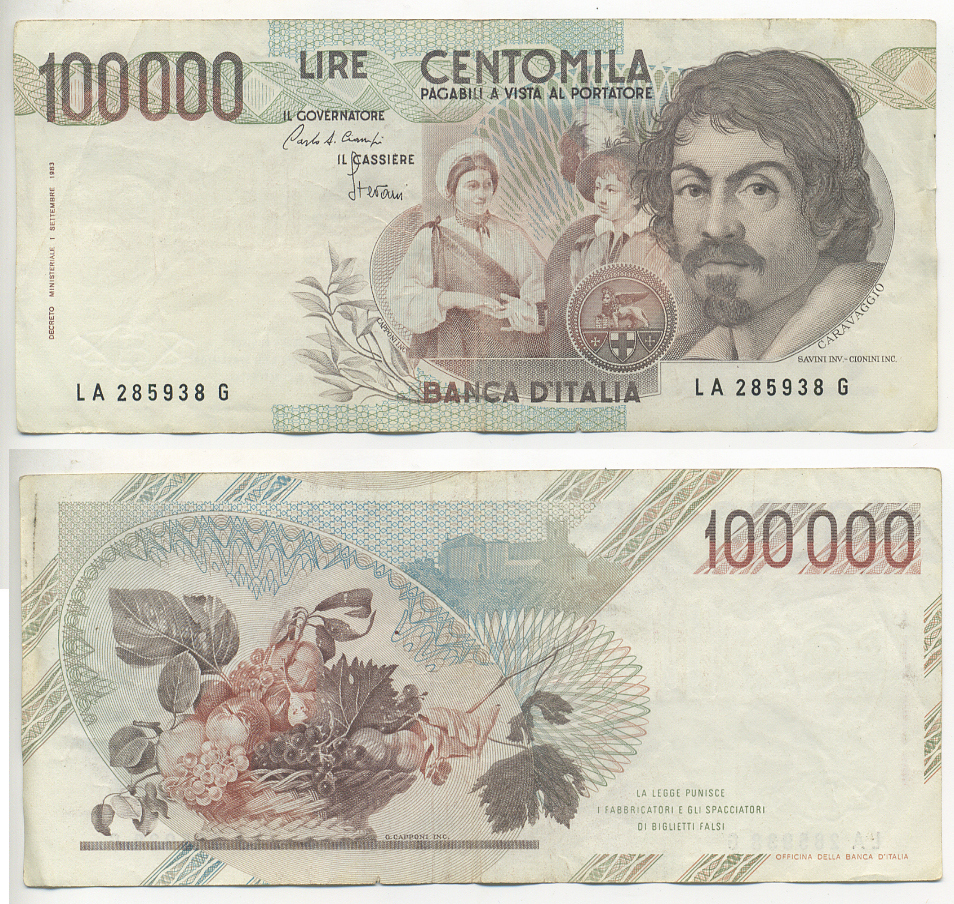 Италия 100000 лир 1983 Караваджо, фруктовый букет, подпись Speziali Pick 110b бумага 7220-30-3