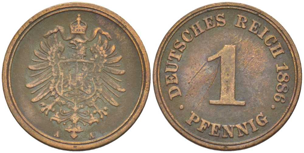 ГЕРМАНИЯ 1 ПФЕННИГ 1886 A, СТАРОГЕРБОВКА KM 1, J. 1, Weege 1 медь 206-1048