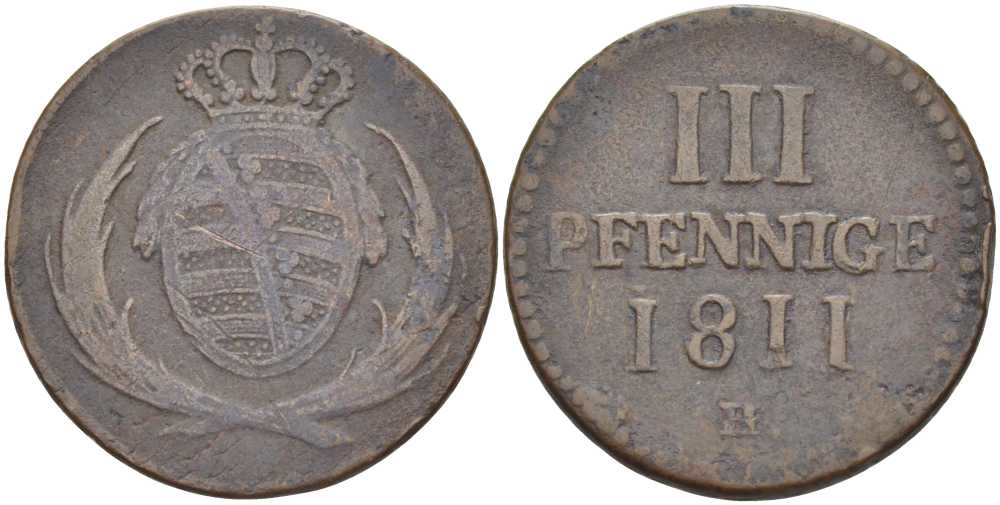 САКСОНИЯ 3 ПФЕННИГА 1811 Н, ФРИДРИХ АВГУСТ I (1806-1827) KM 1058 медь 210-213