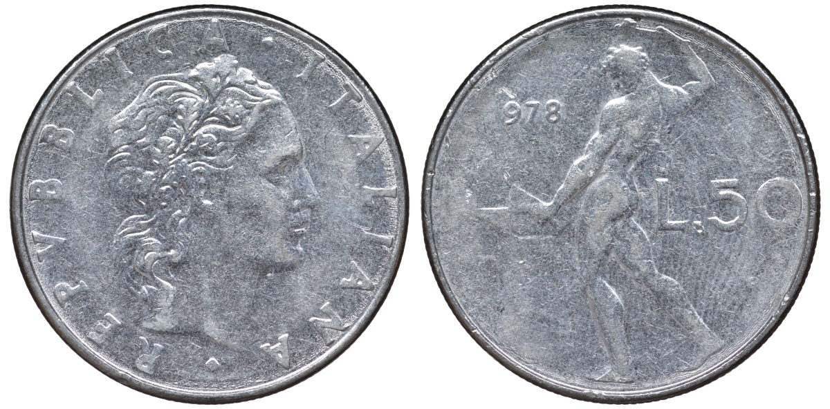 Италия 50 лир 1978 R, бог Вулкан у наковальни KM 95.1 нержавеющая сталь 4142-1145