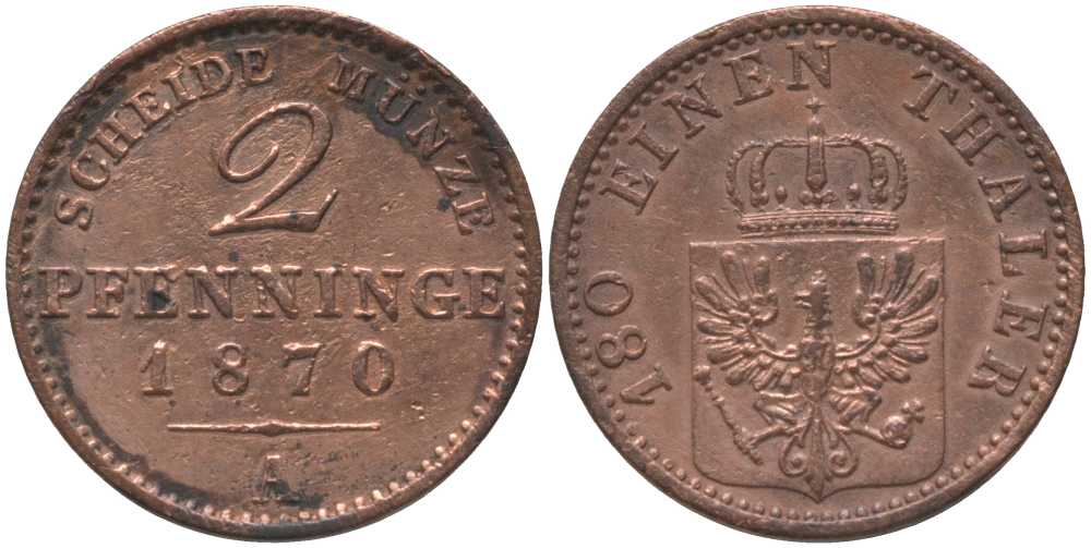 ПРУССИЯ 2 ПФЕННИГА 1870 А, ВИЛЬГЕЛЬМ I (1861-1888) KM 481 медь 116-648