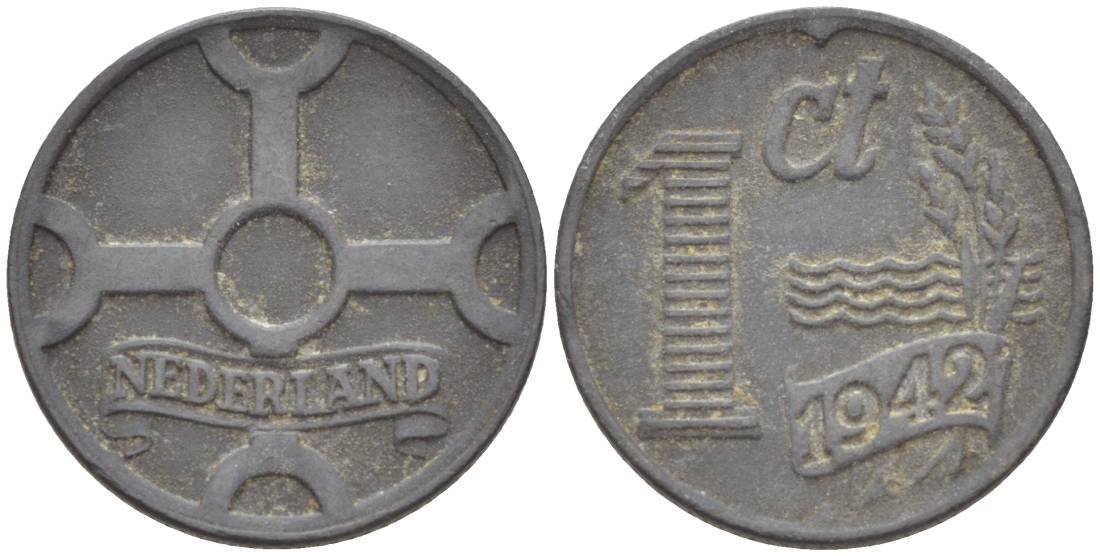НИДЕРЛАНДЫ 1 ЦЕНТ 1942 ВИЛЬГЕЛЬМИНА I (1891-1948), ГЕРМАНСКАЯ ОККУПАЦИЯ, ВТОРАЯ МИРОВАЯ ВОЙНА KM 170 цинк 4532-1135