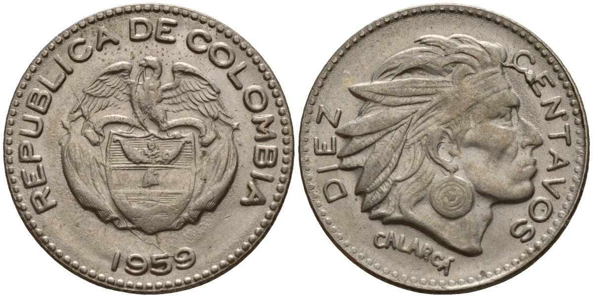 Колумбия 10 сентаво 1959 индеец Каларка KM 212 медно-никель 4189-726