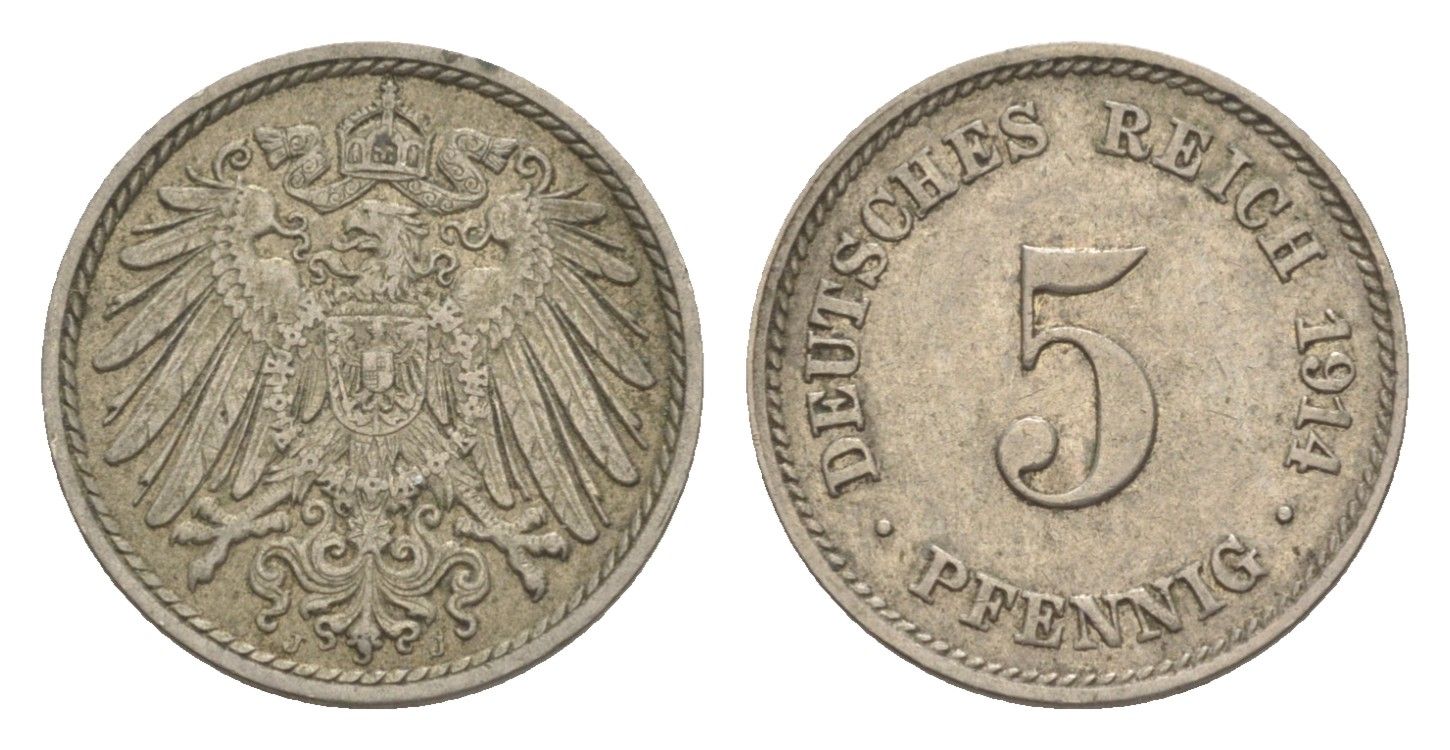 Германия 5 пфеннигов 1914 J, Вильгельм II (1888-1918) KM 11, J.12 медно-никель 4644-1111