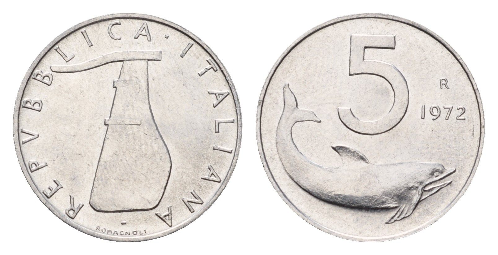 Италия 5 лир 1972 R, плуг, дельфин KM 92 алюминий UNC 4649-931