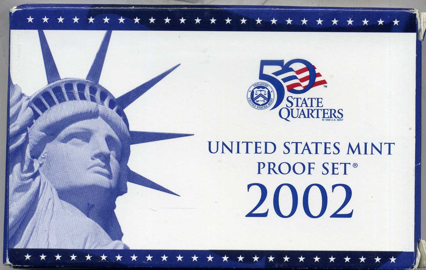 США 2 набора в одном 2002 S, два пруфсета в пластиковых коробках, регулярный чекан и 5 квотеров штаты, в оригинальной коробке с сертификатом PROOF 00-00